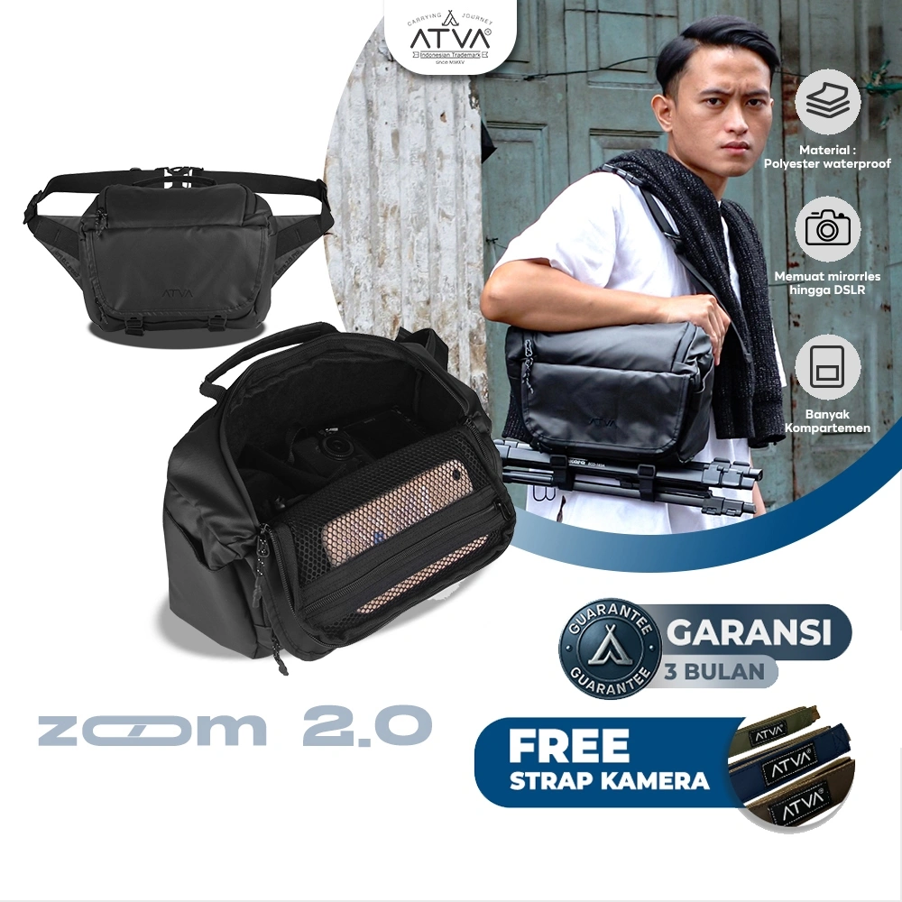 Tas Kamera Sling Bag, Camera Lensa DSLR dan Mirrorless, Waterproof (anti air) Zoom 2 Pro Series Black