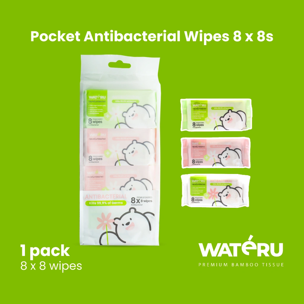 Wateru Wipes Pocket Antibacterial 1 pack, 8x8 wipes | Natural & Unbleached | Wateru Antibacterial Wipes / Tisu Basah