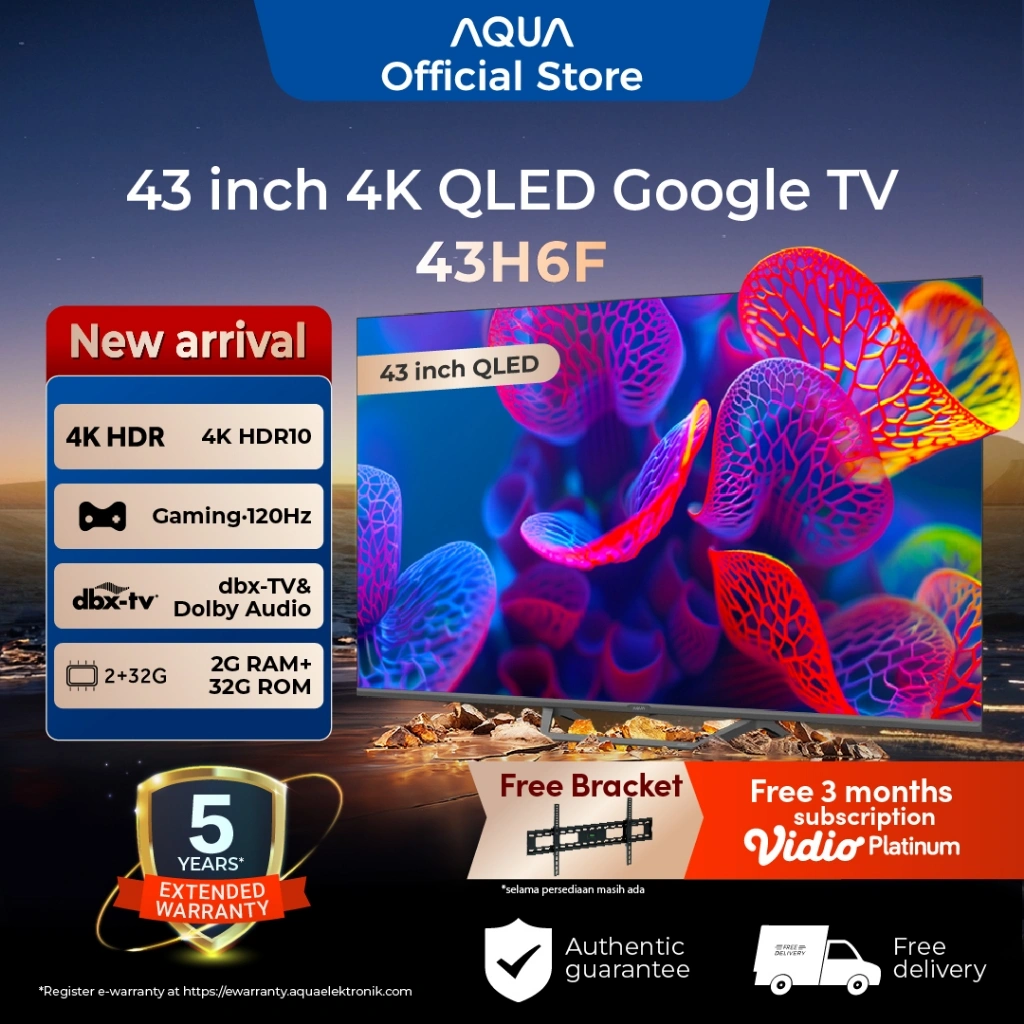 AQUA Elektronik TV 43H6F - 4K QLED - Google TV - ALLM - Google Play/Netflix/Youtube/Disney+Hotstar-RAM 2GB ROM 32GB - AI Smart TV