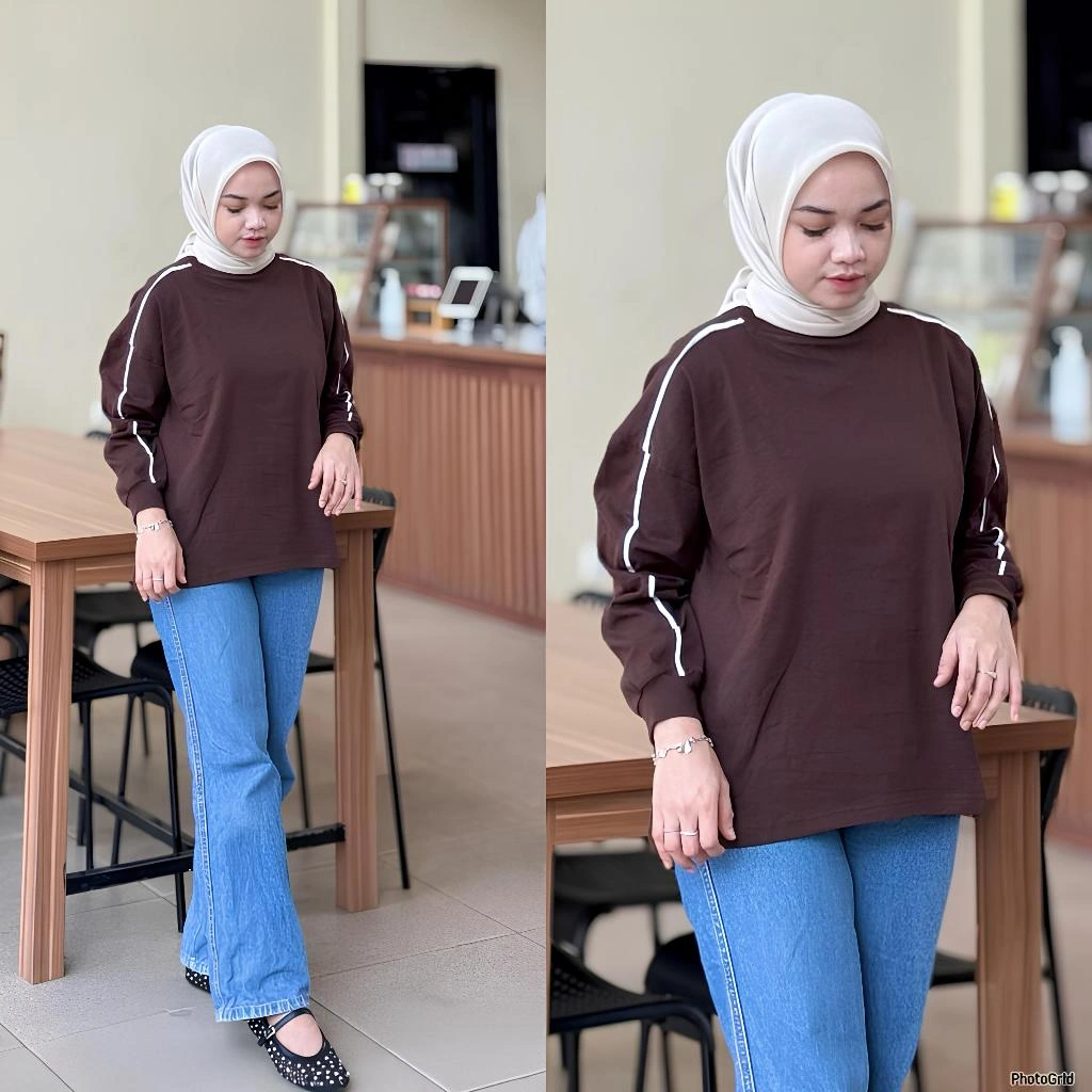 Atasan Baju Kaos Wanita List Stripe Katun Combed Premium Lengan Panjang Jumbo Terbaru Kekinian