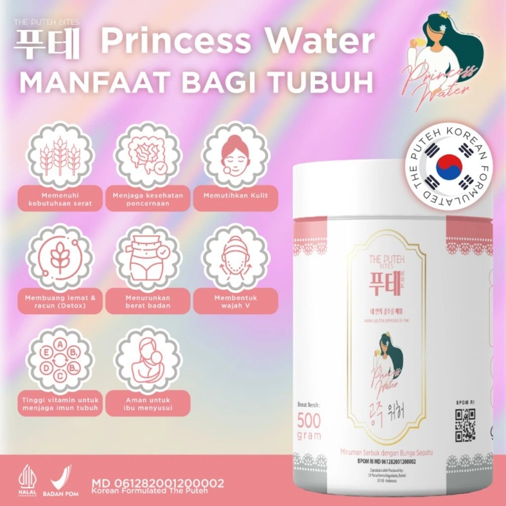 BPOM WHITENING SLIMMING 'PRINCESS WATER' SUPPLEMENT WITH L-GLUTATHIONE FIBER & PRE BIOTIK [500GRAM]