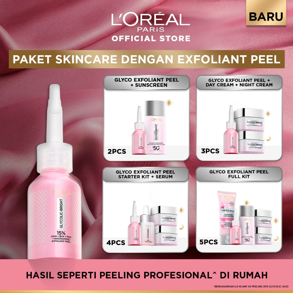 [BARU] Paket Skincare Glycolic Bright Exfoliant Peel, Moisturizer, Serum, Sunscreen, Cleanser, Full Kit Paket | Peeling Solution Hasil Seperti Peeling Profesional Di Rumah Menyamarkan Noda Hitam Bekas Jerawat Acne | Eksfoliasi Kulit Mati