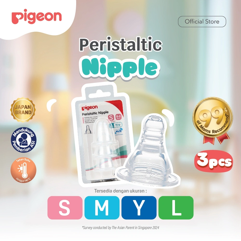 PIGEON Peristaltic S-Type Nipple - 3pcs Blister Original Asli | Pilih Size | Nipple Slim Neck | Elastis | Anti Kolik | Anti Kembung | Tidak Bingung Puting