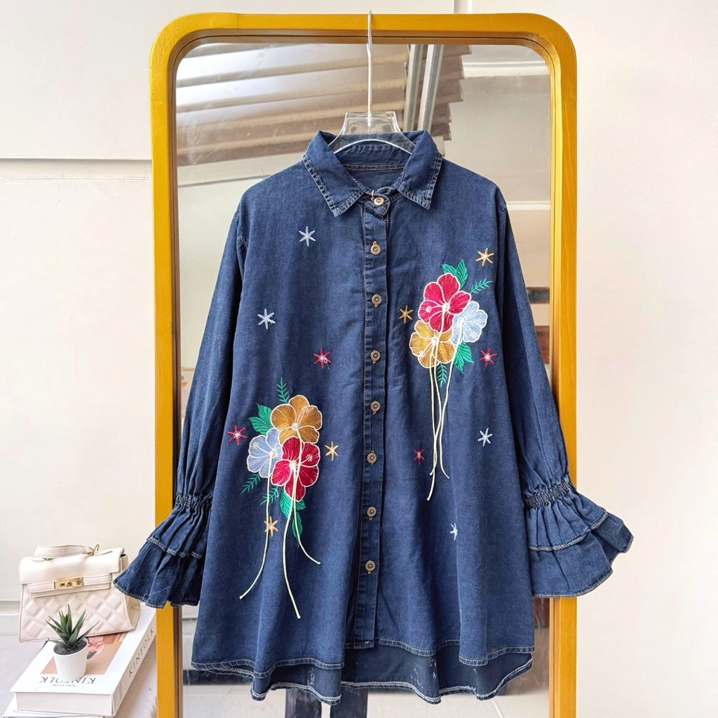 Poppy Flower Denim / Kemeja Jeans Bordir Premium / Bohoutfit