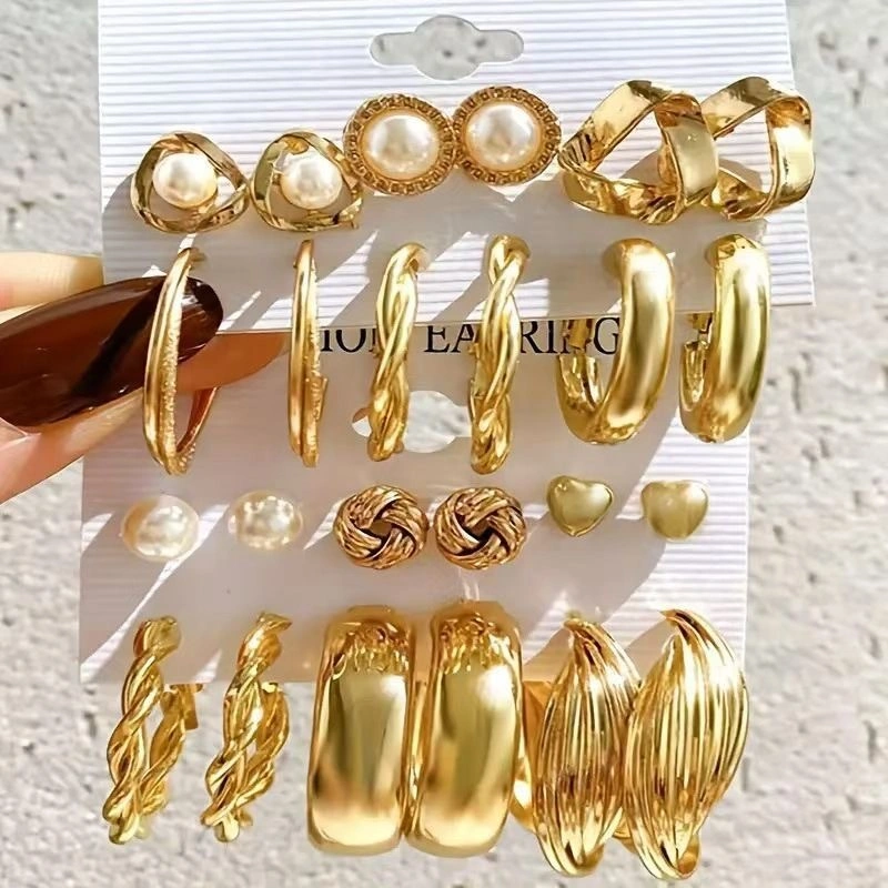 Sadyye 6 Set/Anting Hoop Kotak Emas Perak Elegan Paduan Dipilin Anting Sederhana Wanita Potong Berbentuk C Mewah