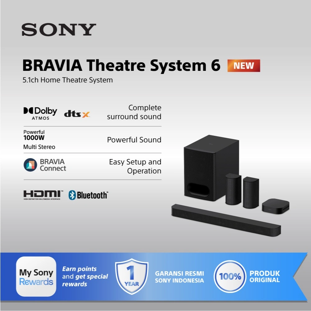Sony BRAVIA Theatre System 6 | 5.1ch Home Theatre System | 1000 W total power output | Dolby Atmos/DTS:X HT-S60
