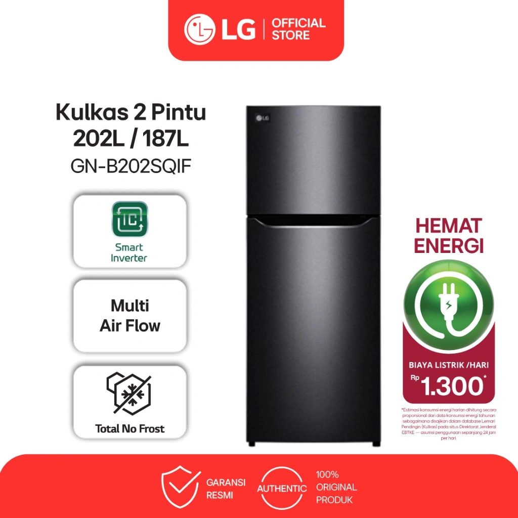 LG Kulkas 2 Pintu 202L / 187L - Smart Diagnosis - Smart Inverter Compressor - Humidity Controller Essence Matte Black - Model GN-B202SQIF