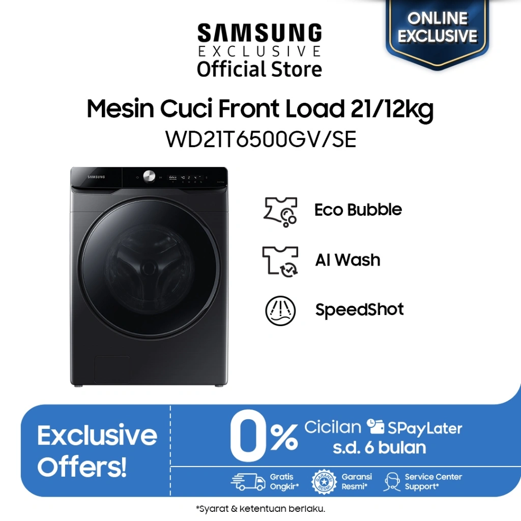 Online Exclusive Model : Samsung Mesin Cuci & Pengering Front Load 21/12Kg | EcoBubble™ | AI Wash | WD21T6500GV/SE |