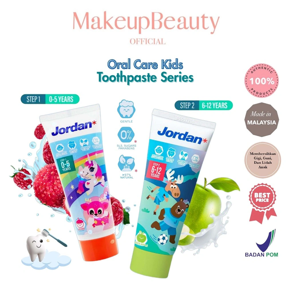 JORDAN Kids Toothpaste Milk Teeth Step 1 (0-5 Years) | Permanent Teeth Step 2 (6-12 Years) - 75g | Pasta / Odol Gigi Anak | Fluoride