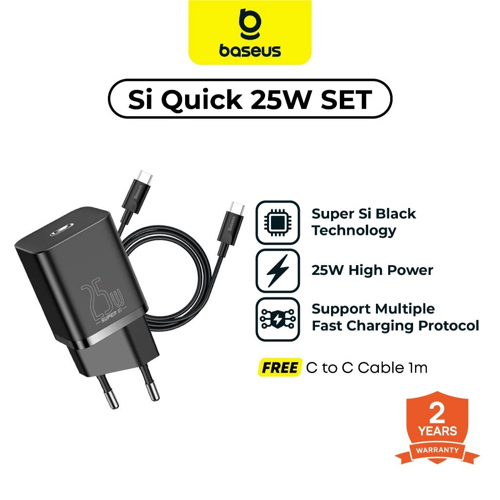 BASEUS Kepala Charger Super Si Quick Charger 1C 25W Fast Charging + Cable Type C to Type C Android iPhone 15/16/17