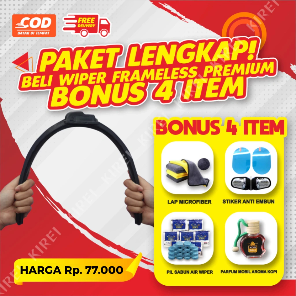 Wiper Mobil Frameless Full Karet Premium Paket Lengkap – Hening, Anti Baret, Bonus Lengkap COD