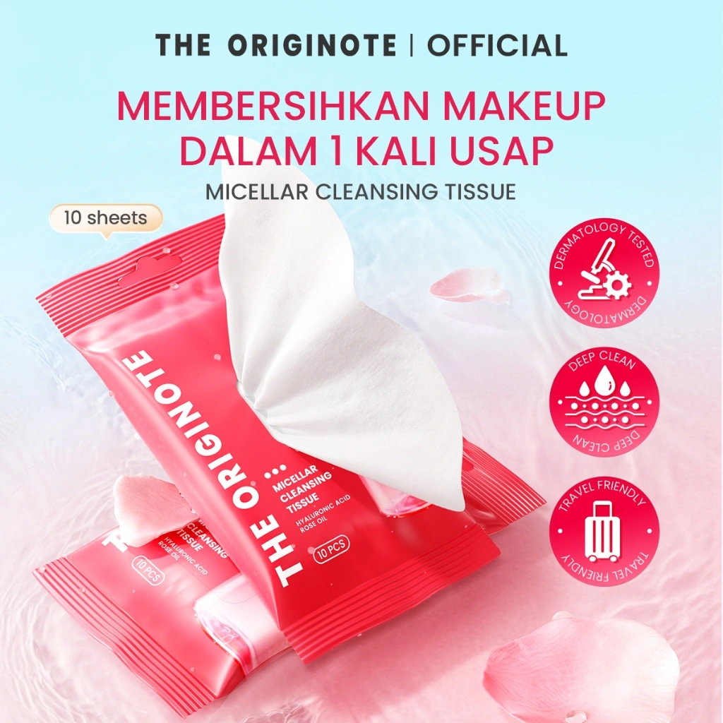 The Originote Micellar Cleansing Tissue 10 Sheets - Cleansing Tissue Makeup Remover Wipes | Tisu Pembersih Wajah Angkat Makeup Waterproof Sunscreen | Tidak Perih Mata | Travel Friendly Praktis | Makeup Remover