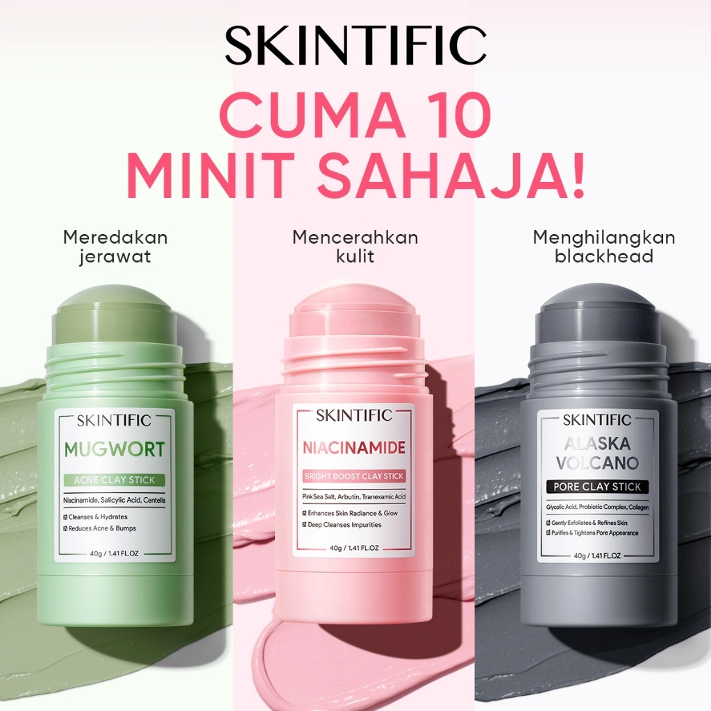 [SKINTIFIC AUTHORIZED] SKINTIFIC Clay Mask Stick Collection Kit Masker Wajah -Mugwort Acne Clay Stick 40g & Alaska Volcano Clay Exfoliating Pore Detox Clay Stick & Niacinamide Bright Boost Clay Stick Masker Wajah Komedo Eksfoliasi Wajah Skincare