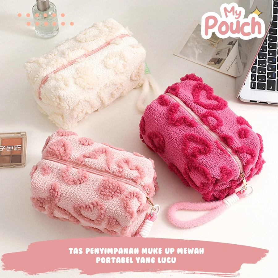 Pouch Love Cosmetic Bludru  / Tempat Penyimanan Makeup Cute Soft
