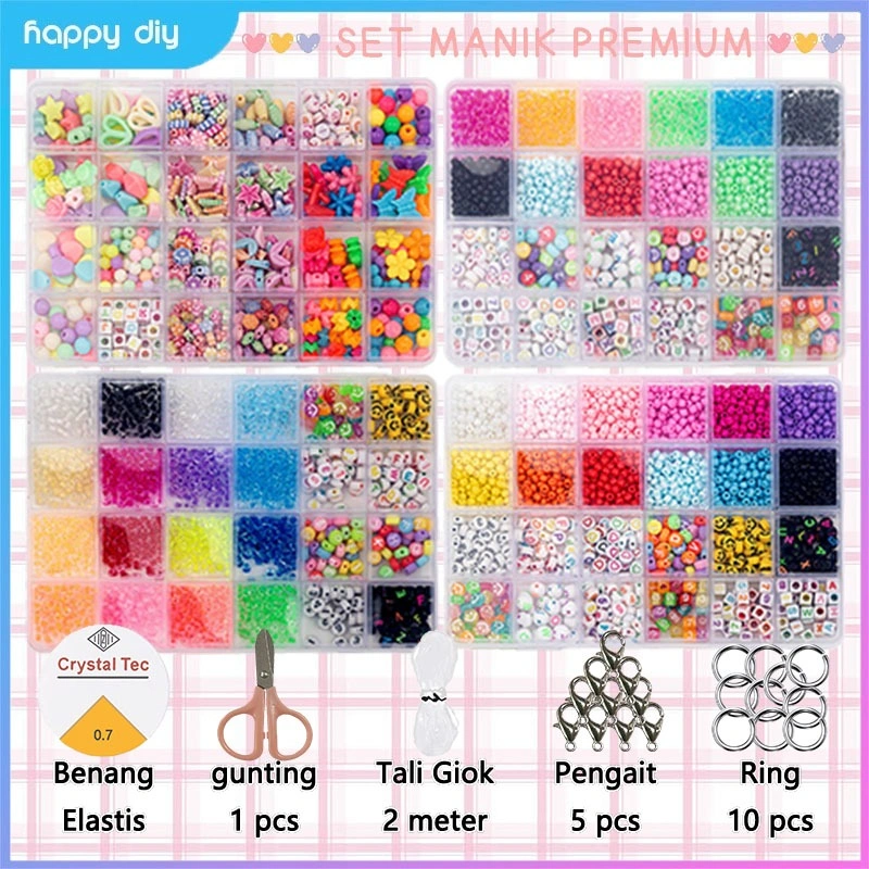 HAPPY DIY 1 kotak manik-manik pasir - Manik-manik payet pasir kemasan DIY (dilengkapi dengan 10 kait + 0,7 tali elastis + 2 meter tali satin + 1 gunting + 10 cincin datar) Kerajinan COD