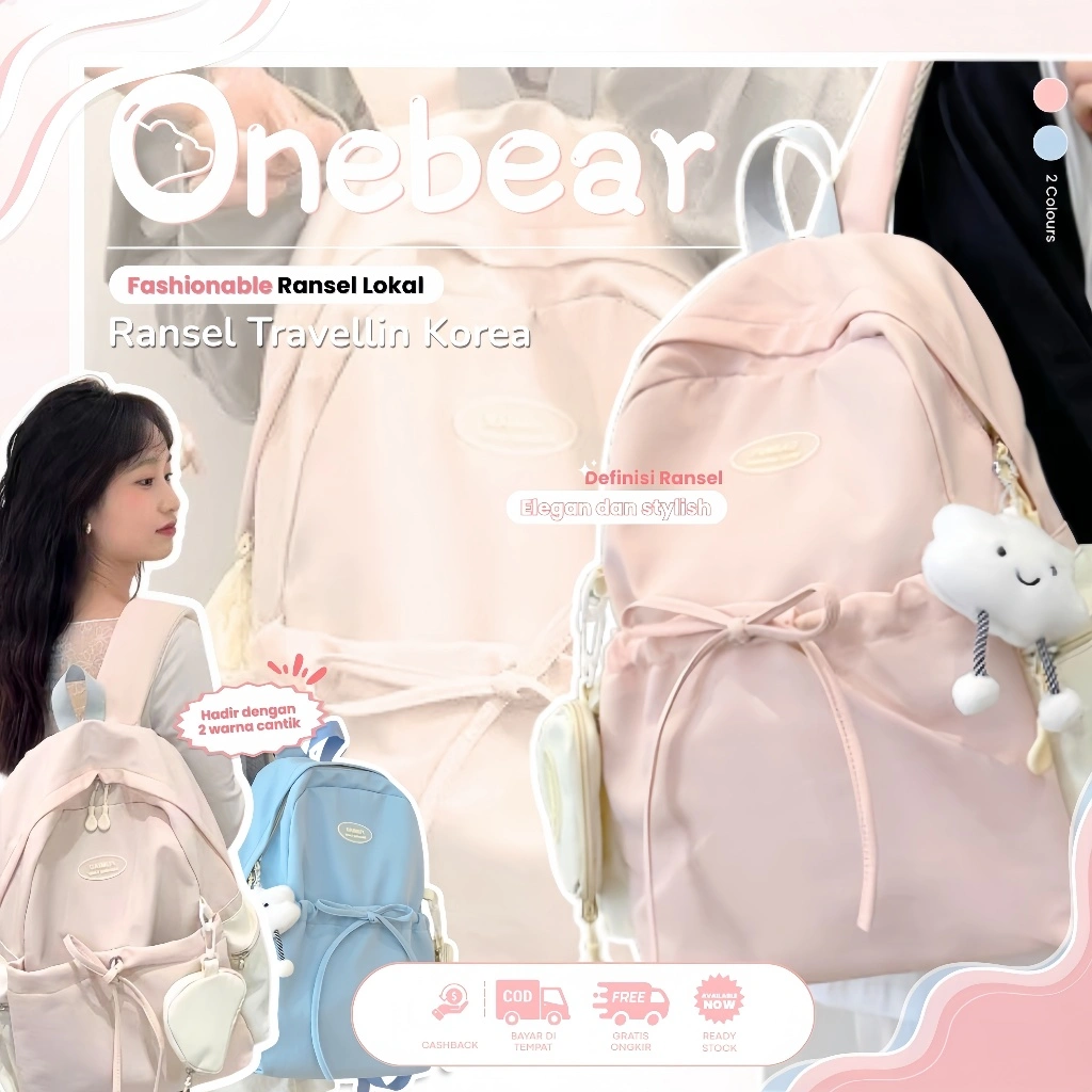 Onebear Backpack lucu korea tas ransel traveling tas wanita import korea style tas ransel sekolah cewek tas sekolah Y2K aesthetic ransel laptop wanita tas sekolah Ransel wanita gaya Jepang serbaguna pita feminin untuk pelajar SMA LM36