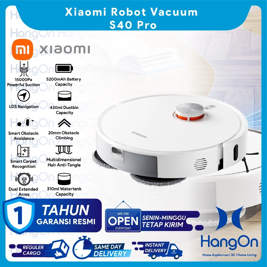 Xiaomi Robot Vacuum S40 Pro 15000Pa Suction Power Dual Extended Arms Multidimensional Hair Anti-Tangle Technology 5200mAh Long Lasting Battery Smart Control via Xiaomi Home App 20mm Obstacle Climbing Vakum Cleaner Penyedot Debu Sapu Pel Lantai