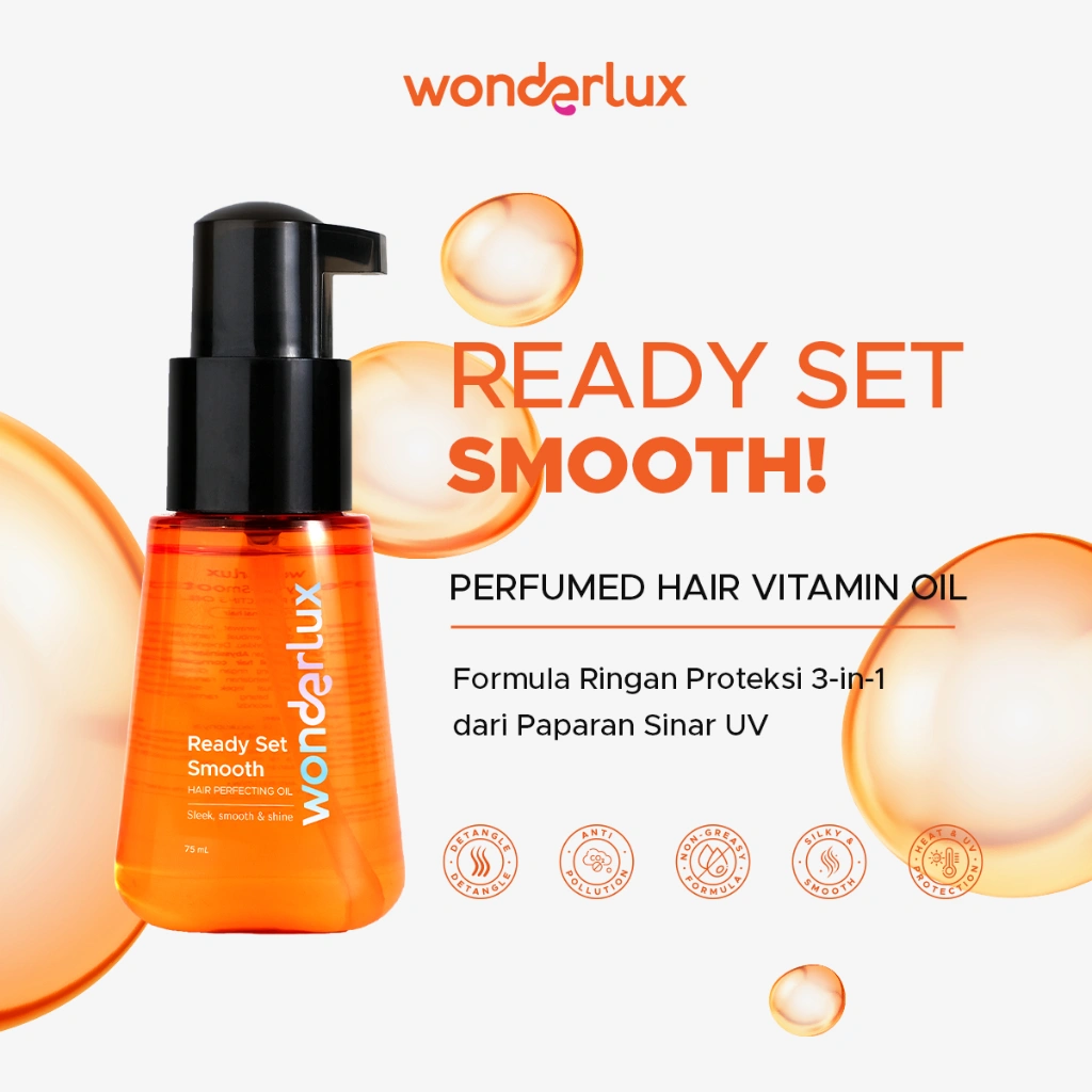 Wonderlux Ready Set Smooth Hair Perfecting Oil 75ml Vitamin Hair Oil Proteksi Panas Alat Styling dan Sinar UV