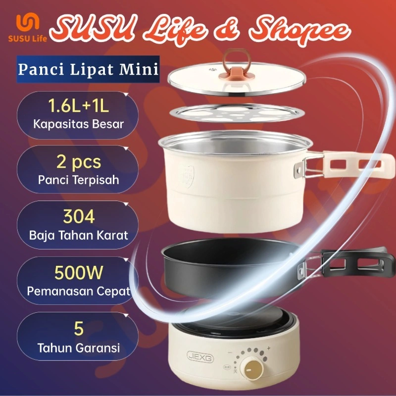 SUSU Life Panci Listrik Lipat 2 in 1 Multifungsi 1.6L+1L Portable untuk Travelling & Kost Bonus Teko