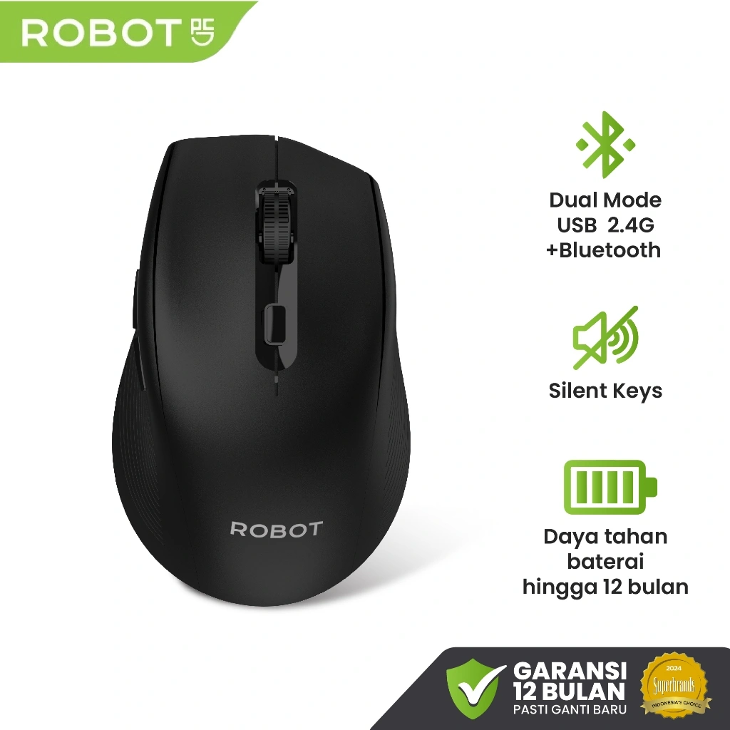 ROBOT Mouse Wireless Bluetooth Dual Mode USB Receiver Silent Click 3 Level DPI Akurat 1600DPI Untuk Laptop & PC Windows10 , MacOS , iOS ,android Original - M530