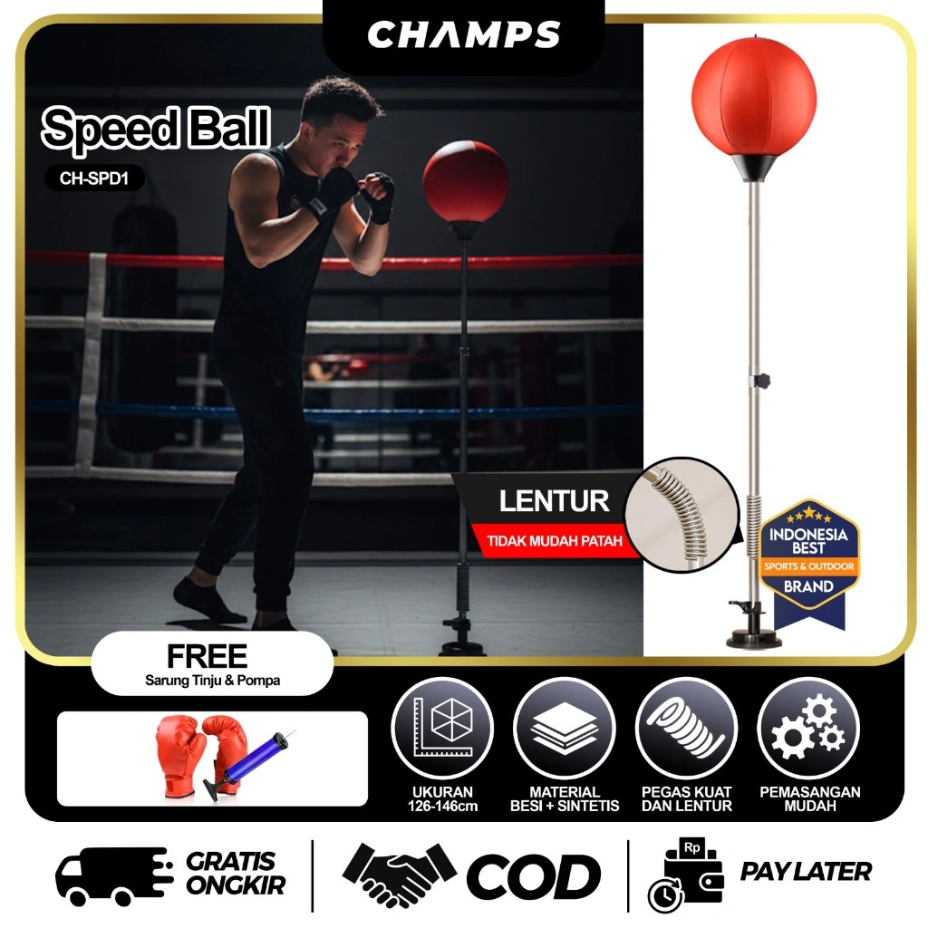 CHAMPS Speed Boxing Reflex Punching Ball Stand Tinju | Samsak Tinju Berdiri + Sarung Tangan & Pompa | Alat Latihan Pukulan Speed Ball Boxing Karate CH-SPD1