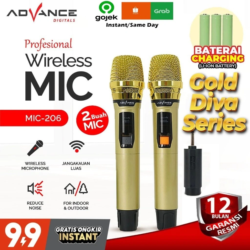 ADVANCE Professional Microphone MIC-206 Mic Wireless Mikrofon Gold Bisa di Charger [Garansi 1 Tahun]