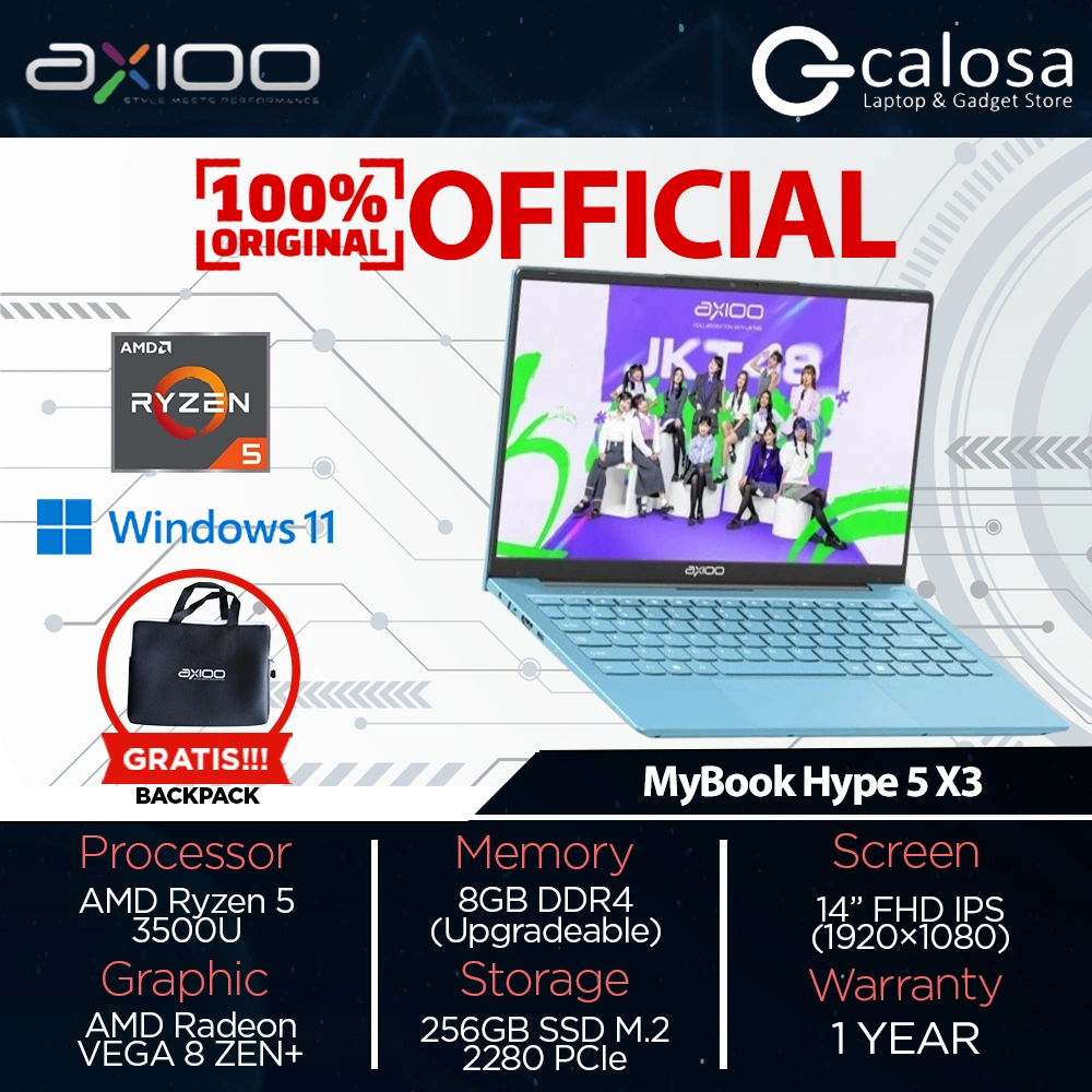 Axioo MyBook Hype 5 X3 AMD Ryzen 5 3500U 16GB / 8GB RAM 256GB SSD Windows 11 Original Laptop Pink Purple Blue LOLLIPOP