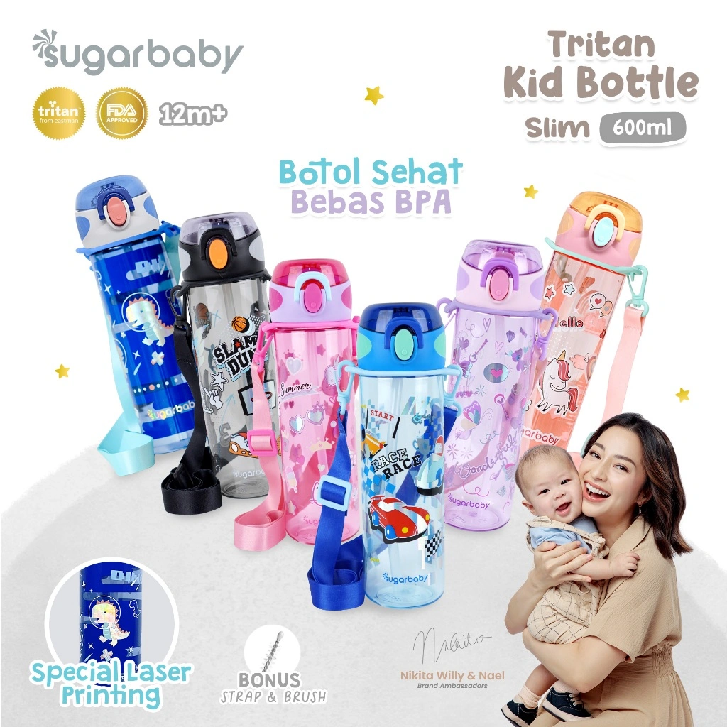 Sugarbaby Tritan Kid Bottle Slim 600 ml botol minum anak BPA free Aman/Sedotan awet/Premium Tritan Eastman Bottle/Botol Laser Printing