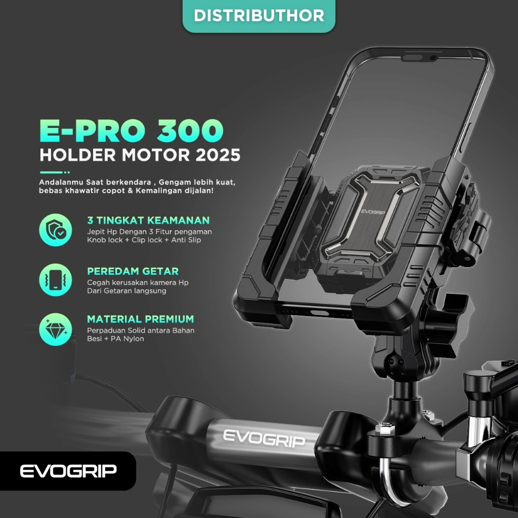 Evogrip EP300 Stang Spion Holder HP Motor Anti Getar Jepit Otomatis Kunci Ganda Rotasi 720° Universal Kuat Anti Maling