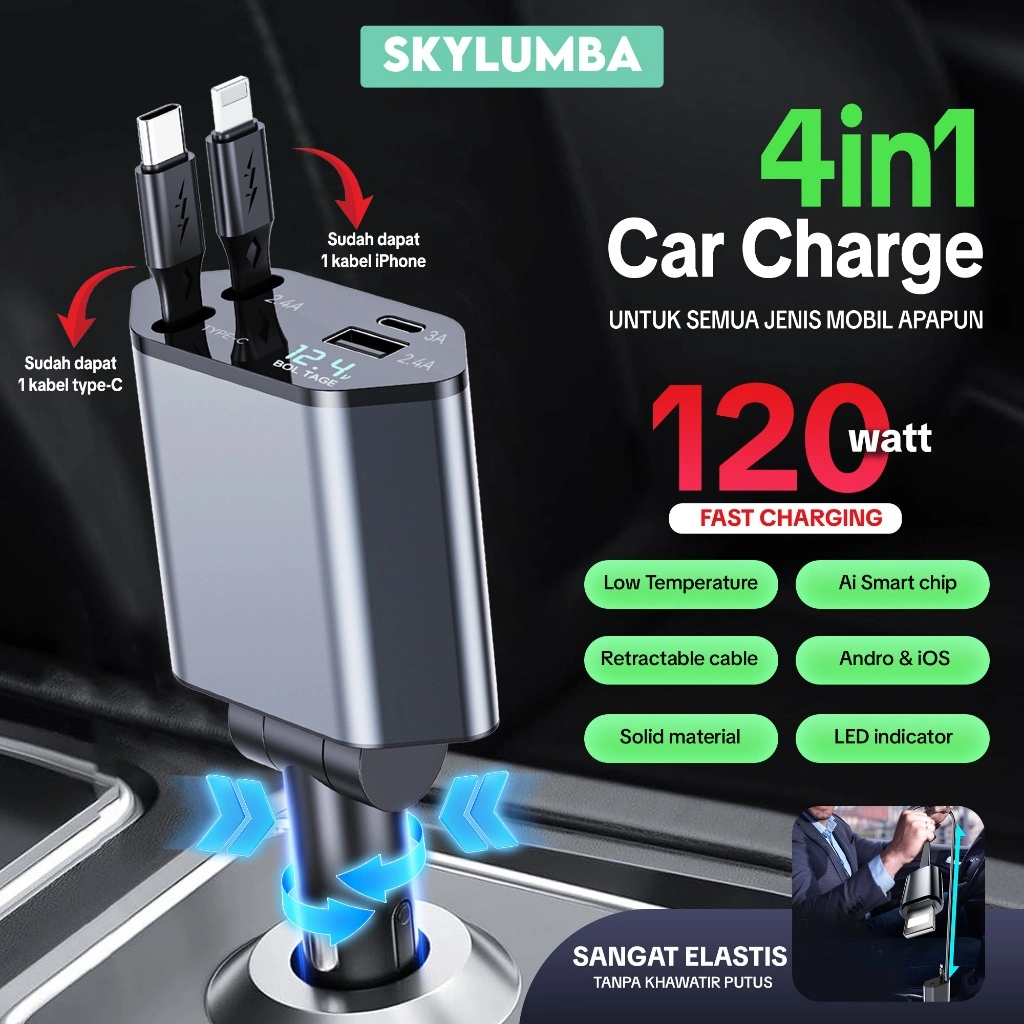Skylumba 4in1 Fast Charging Car Charger IOS dan Android CC20 Digital Display Up To 120W Tidak Boros Aki