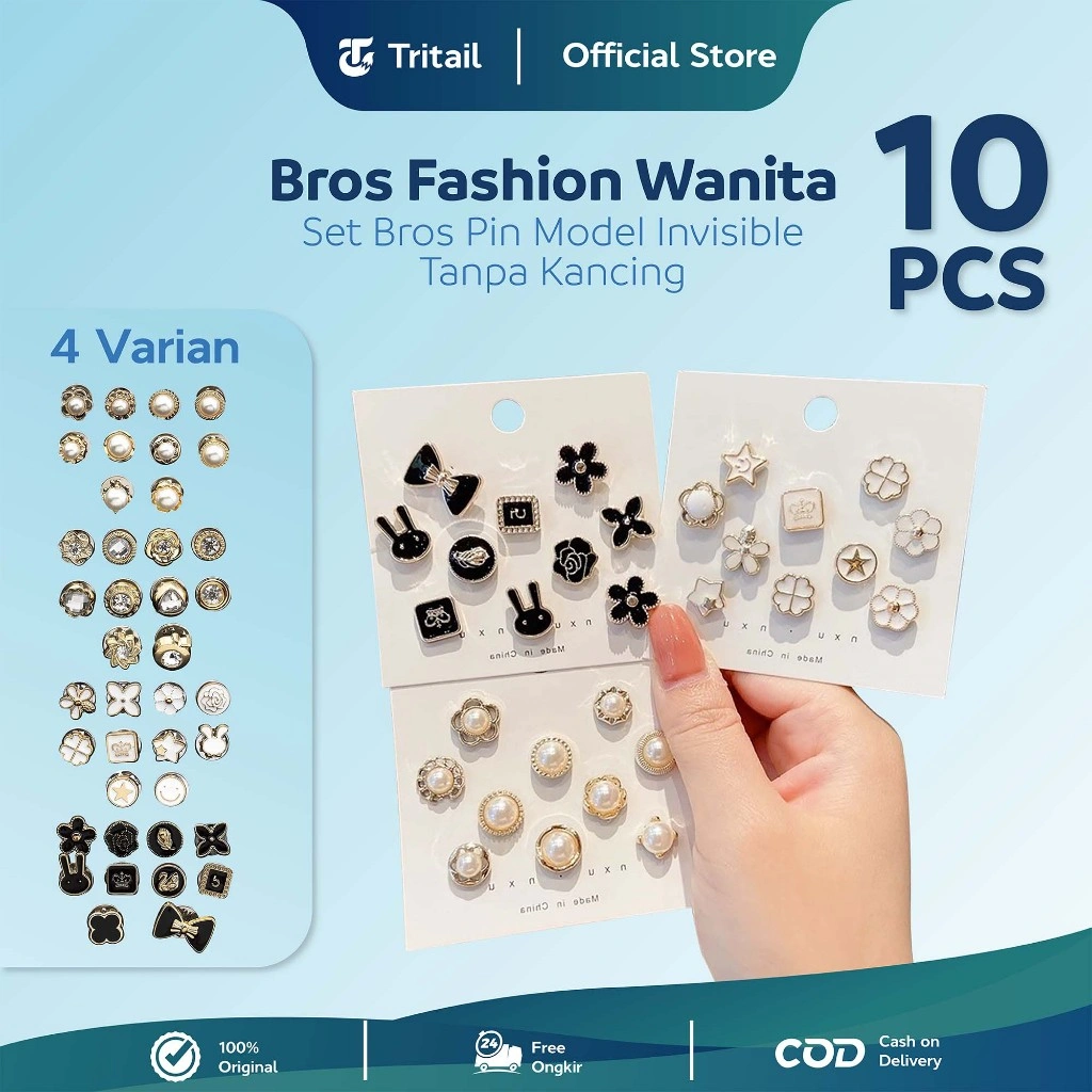 Tritail - 10pcs / Set Bros Pin Hijab Fashion Wanita Model Invisible Tanpa Kancing Dapat Dilepas