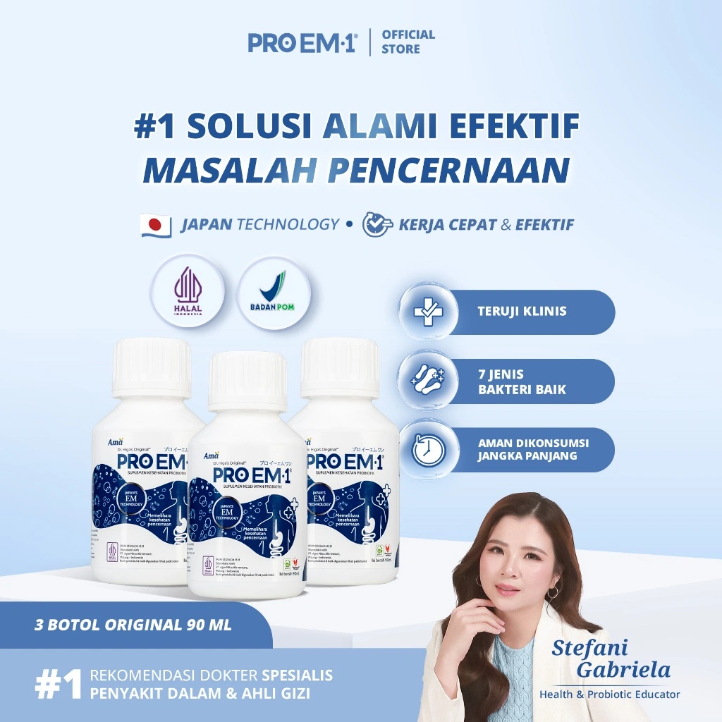 PRO EM1 Paket 3 Botol Original 90ml | Suplemen Probiotik | Anak Dewasa Lansia Bebas Gula | Bakteri baik Untuk Pencerenaan | Imun | Maag | Gerd | Usus | Sembelit