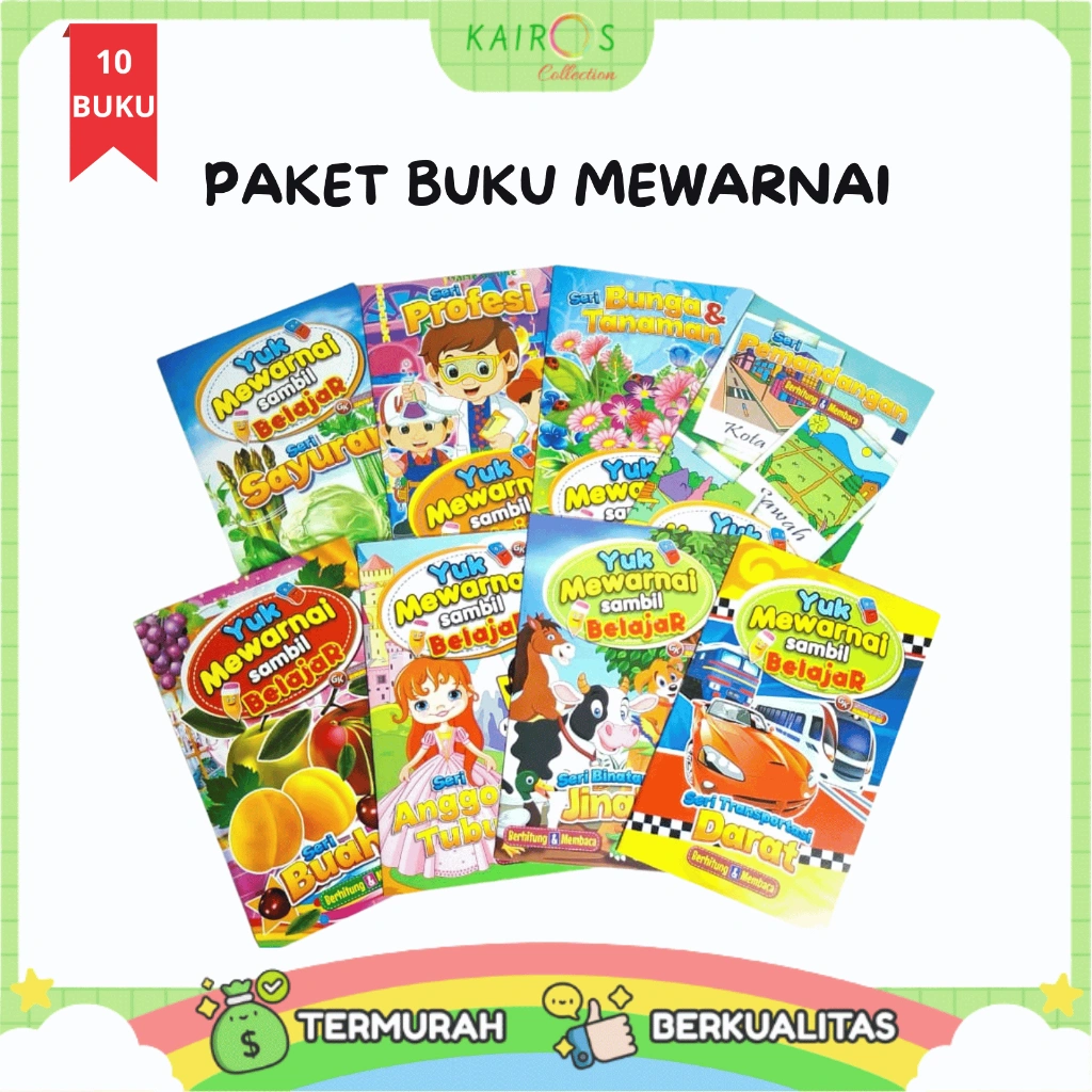 Paket Isi 10 Buku Edukasi Mewarnai dan Belajar Anak Motif Buah, Kendaraan, Binatang