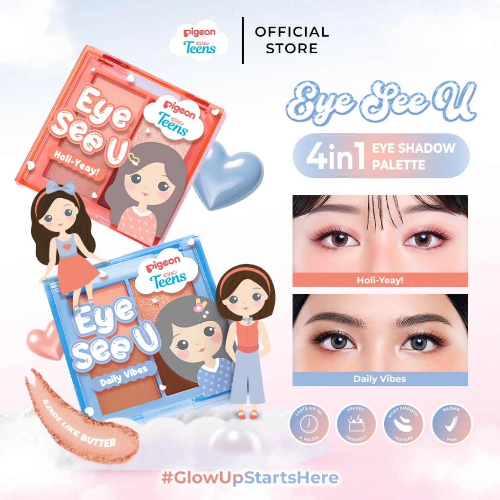 Pigeon Teens Eye See U Eye Shadow 3.2gr |Makeup Remaja |4in1 Pallette |Pigmented & Longlasting Formula |Blends Like Butter