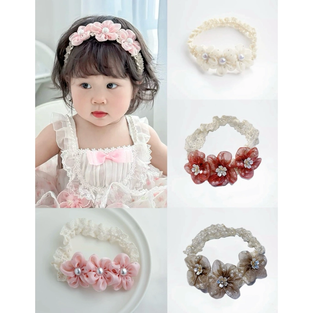 bandana Anak/bayi motif 3 bunga Mutiara kain kerut headband Lucu cantik