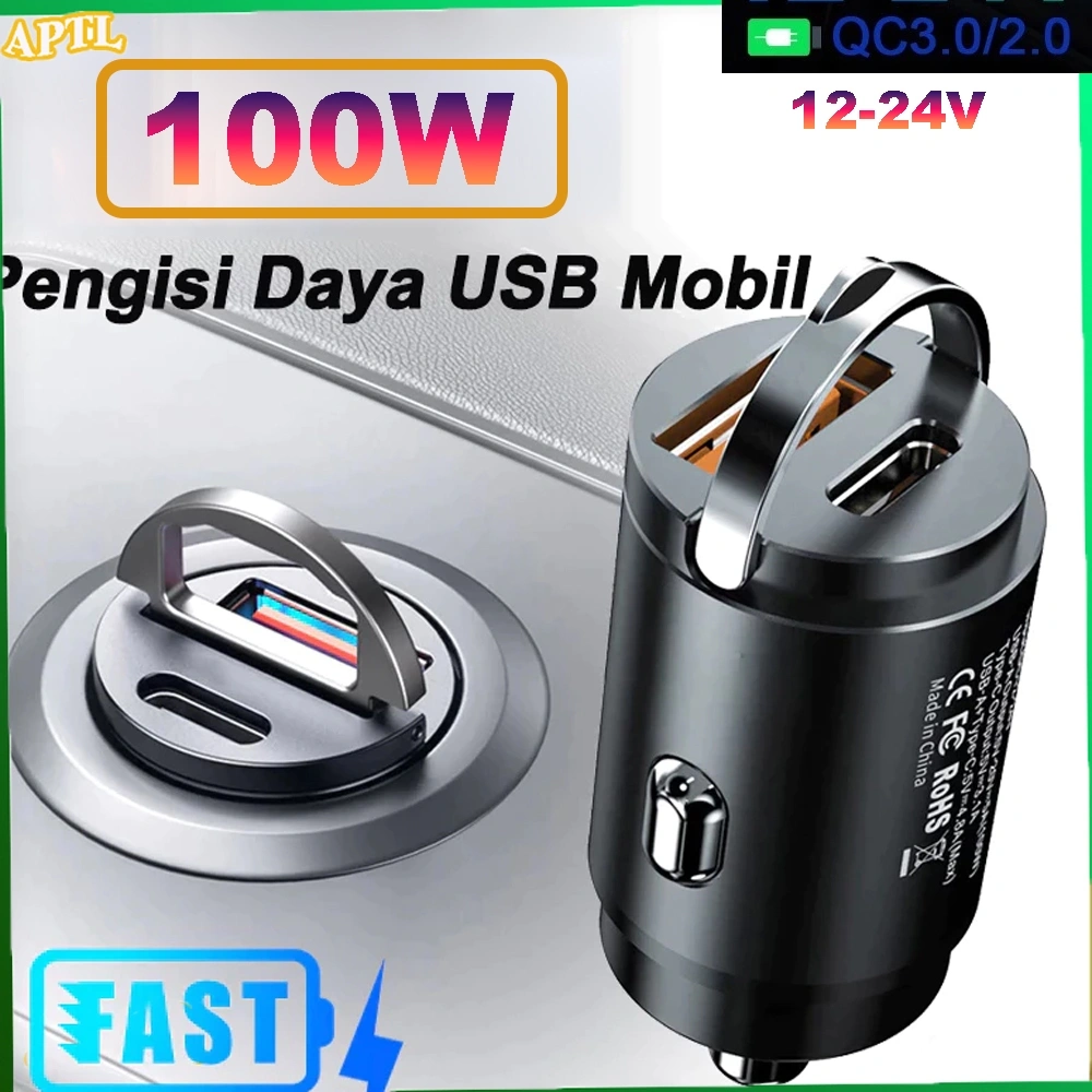 12-24V Charger Mobil Fast Charging/Car Charger Mobil Motor Dual Port Type C/USB A Fast Charging Hidden Type Car Charger/Mobil 100W Quick Charger