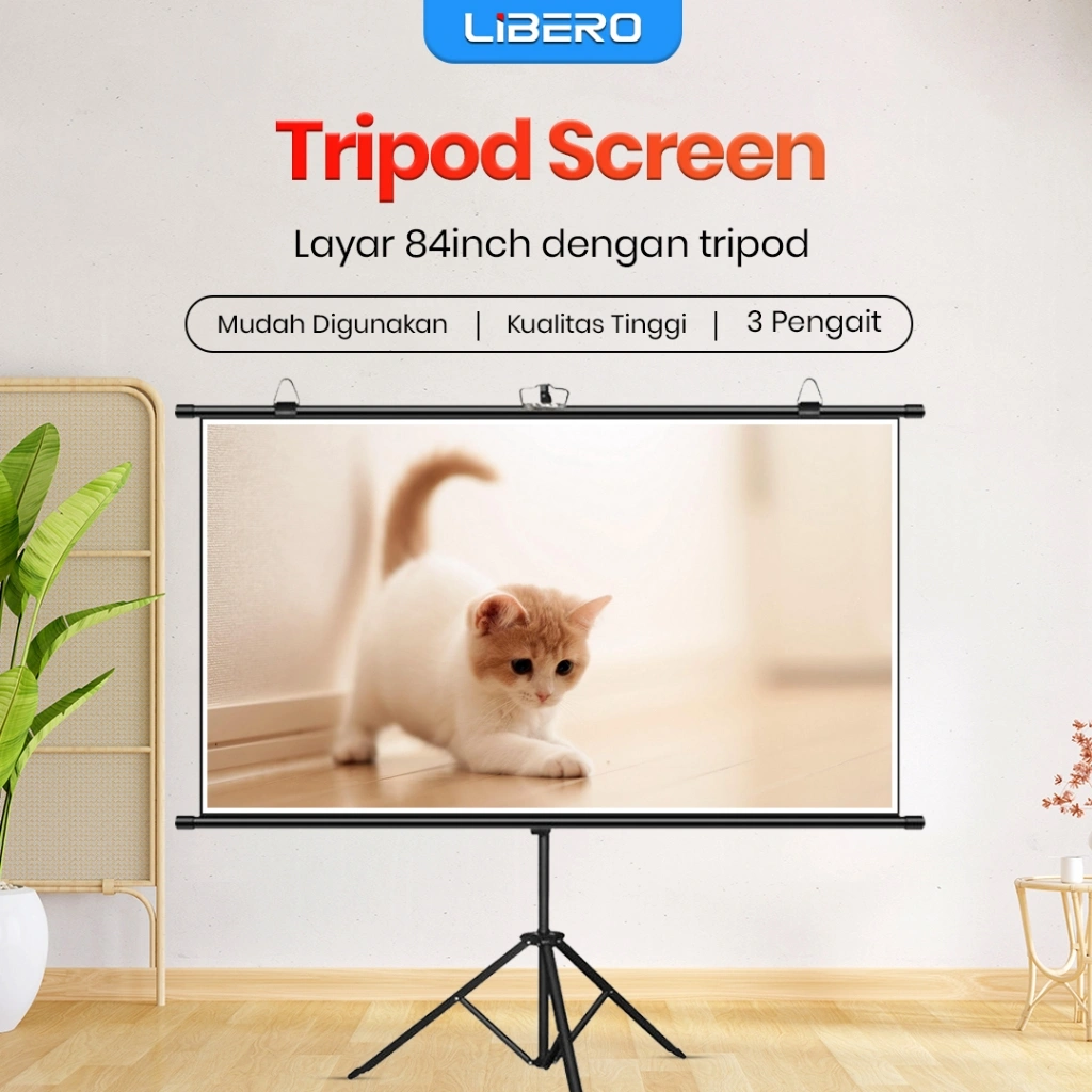 LIBERO-Layar Tripod- 100 inch / 120 inch 16:9 -HD 4K-Ringan Mudah Dipasang-Berkualitas Stok Banyak Layar Projektor Putih Movies Screen
