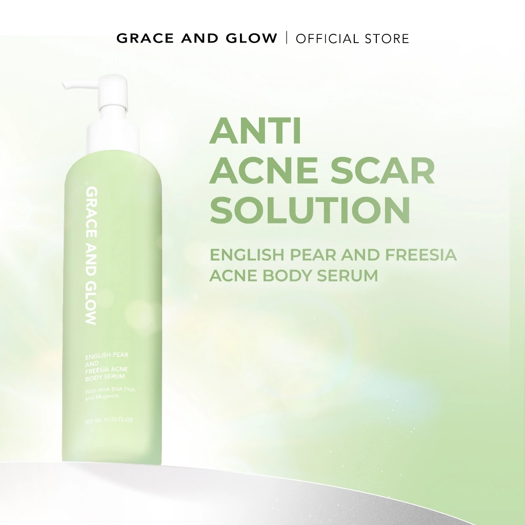 Grace and Glow English Pear and Freesia Anti Acne Hand and Body Lotion | Body Serum | - Serum Lotion Badan untuk Mengurangi Bekas Luka dan Jerawat Punggung with AHA BHA PHA + Mugwort