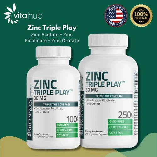 Bronson Zinc Triple Play 30 Mg 100/250 Capsule, Non-GMO, Gluten-Free, Soy-Free