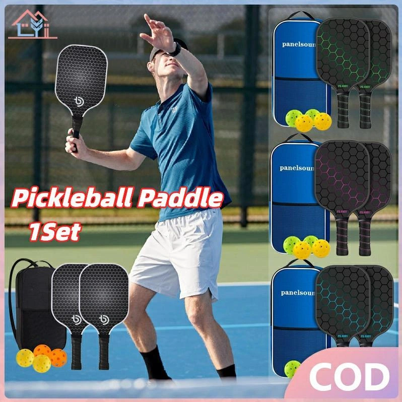 【Pengiriman Jakarta】1Set Pickleball Set Pickleball Paddle Raket Pickleball Bahan Serat Karbon Honeycomb Core Fiberglass Indoor Outdoor Pickle Ball Tenis Tennis Pingpong Trainer 2 Rackets + 4 Balls+1 Ransel Pickle Ball Set