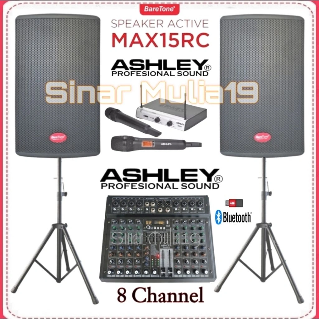 Promo paket sound system Baretone 15 inch aktif Max15rc mixer 8 channel ashley mic wireless ashley original