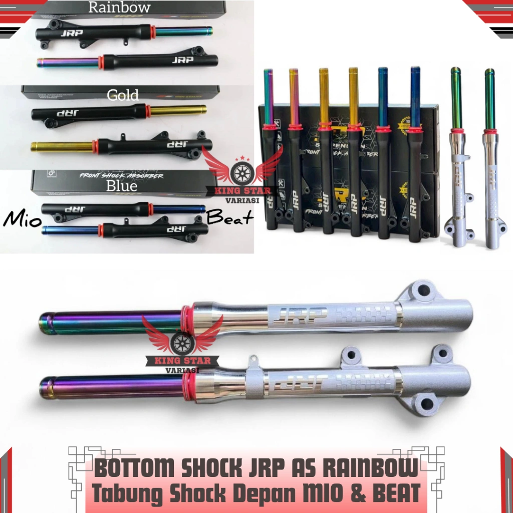 SHOCK DEPAN + TABUNG JRP UNTUK MIO SMILE/ MIO SPORTY / BEAT / VARIO / SCOOPY / JUPITER Z / FiZR / SHOCK AS RAINBOW GOLD BLUE / PIPE DEPAN HITAM SILVER