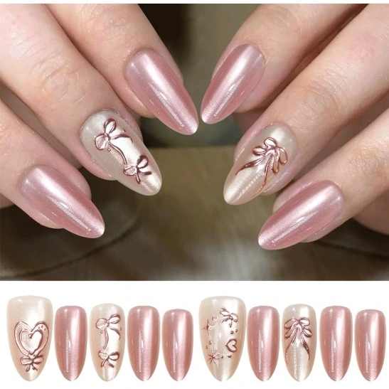 kuku palsu cat eye pink blush love silver isi 10 cantik almond lengkap lem