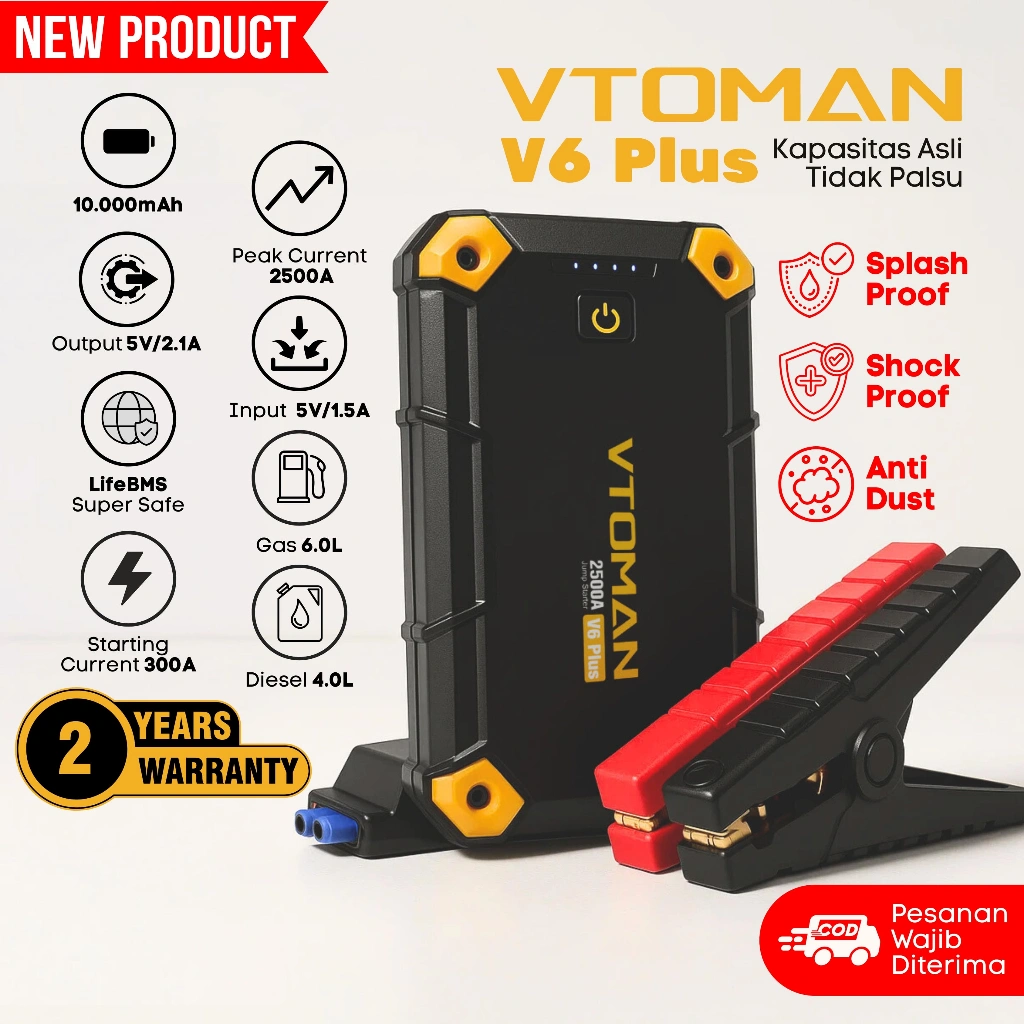 VTOMAN V6 PLUS 10000 mAh Jump Starter Aki Mobil Motor Power Bank Jumper Aki Alat Jamper Aki