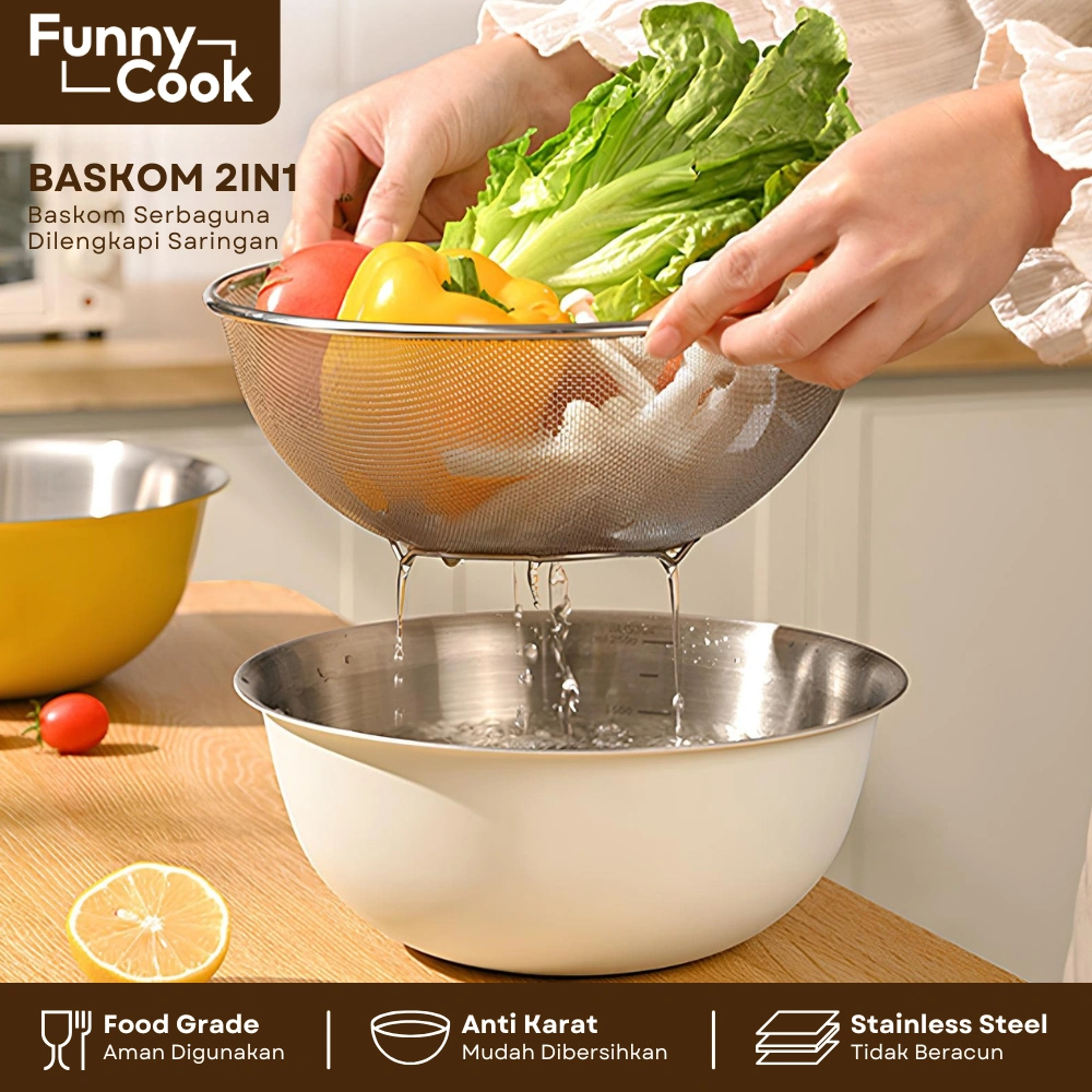 FUNNYCOOK Set Baskom dan Saringan Stainless Steel 316 25CM Anti Karat Tahan Panas Aman untuk Makanan