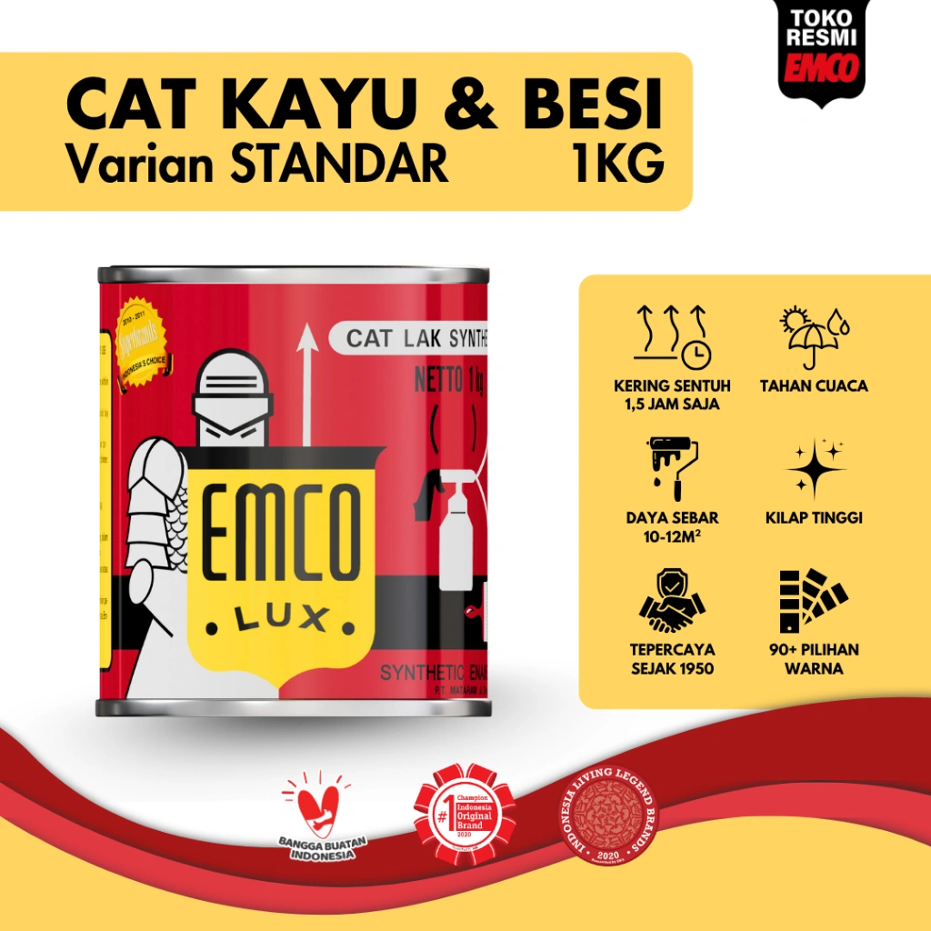Emco Lux Cat Kayu & Besi 1kg - Warna Standar Gloss Kilap (lihat varian) 1 KG Hitam Putih Doff Coklat Biru Abu