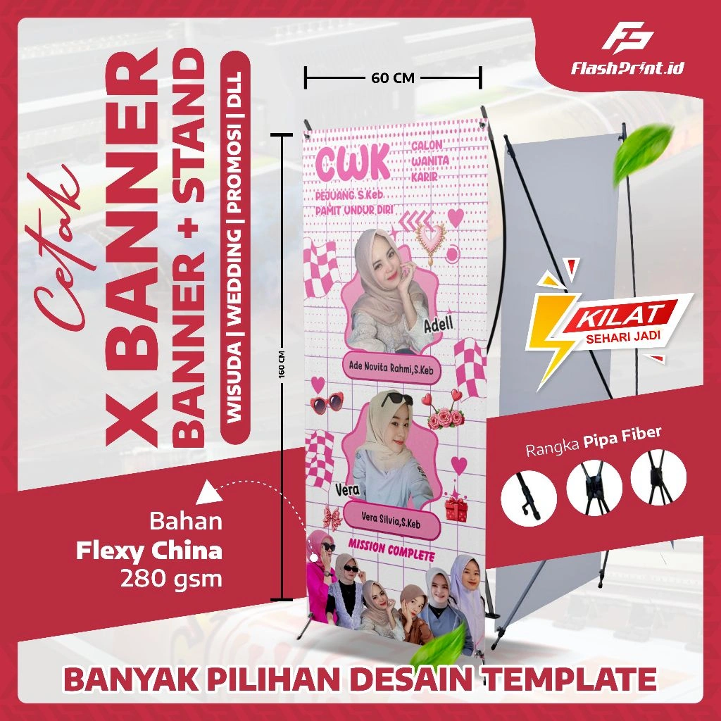 Cetak Stand X Banner Wisuda Sidang Semhas Wedding Jualan Custom Paket + Tiang paket x banner