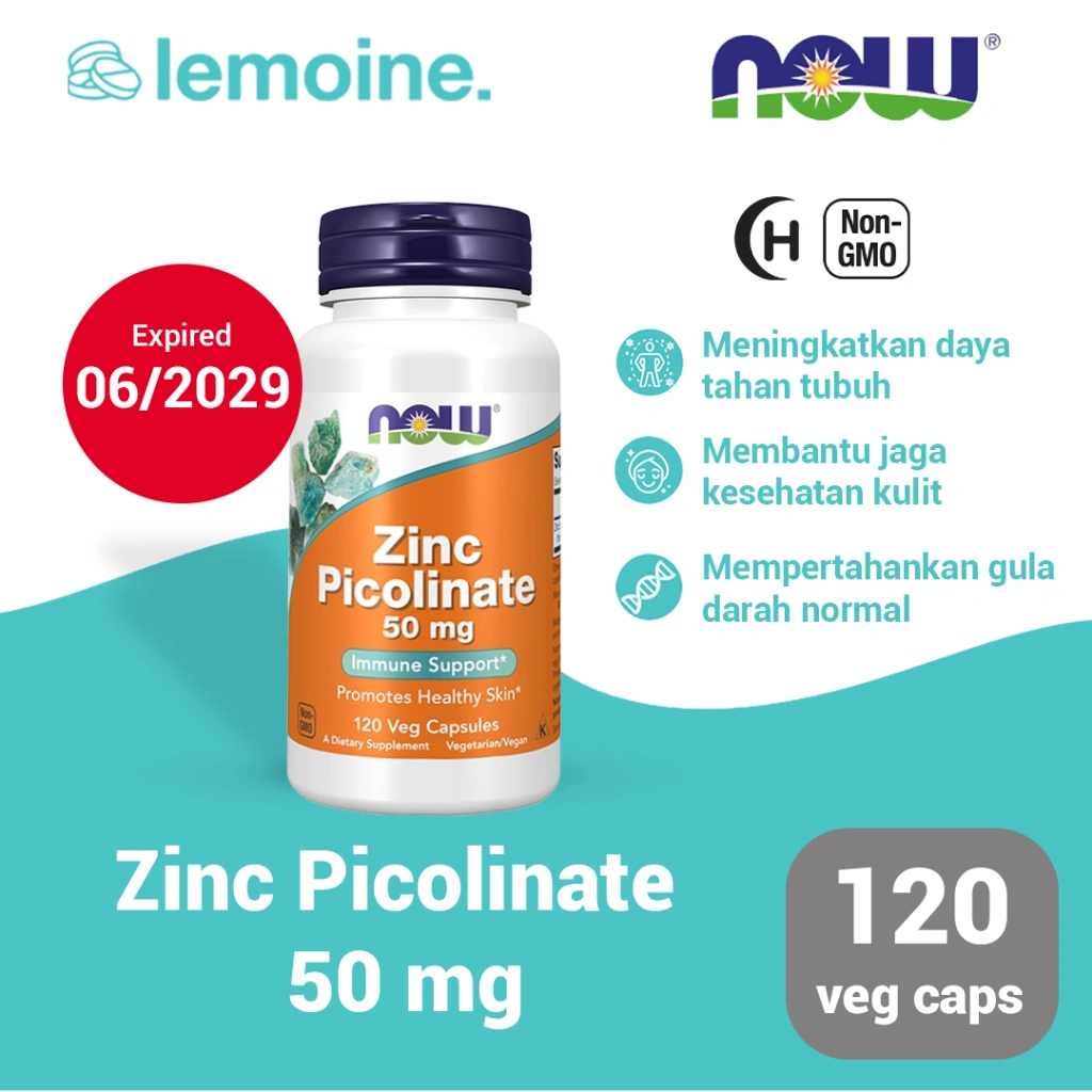 Now Zinc Picolinate Suplemen Vitamin Zinc Imunitas Tubuh Antivirus Flu dan Jerawat 50 mg 120 Kapsul
