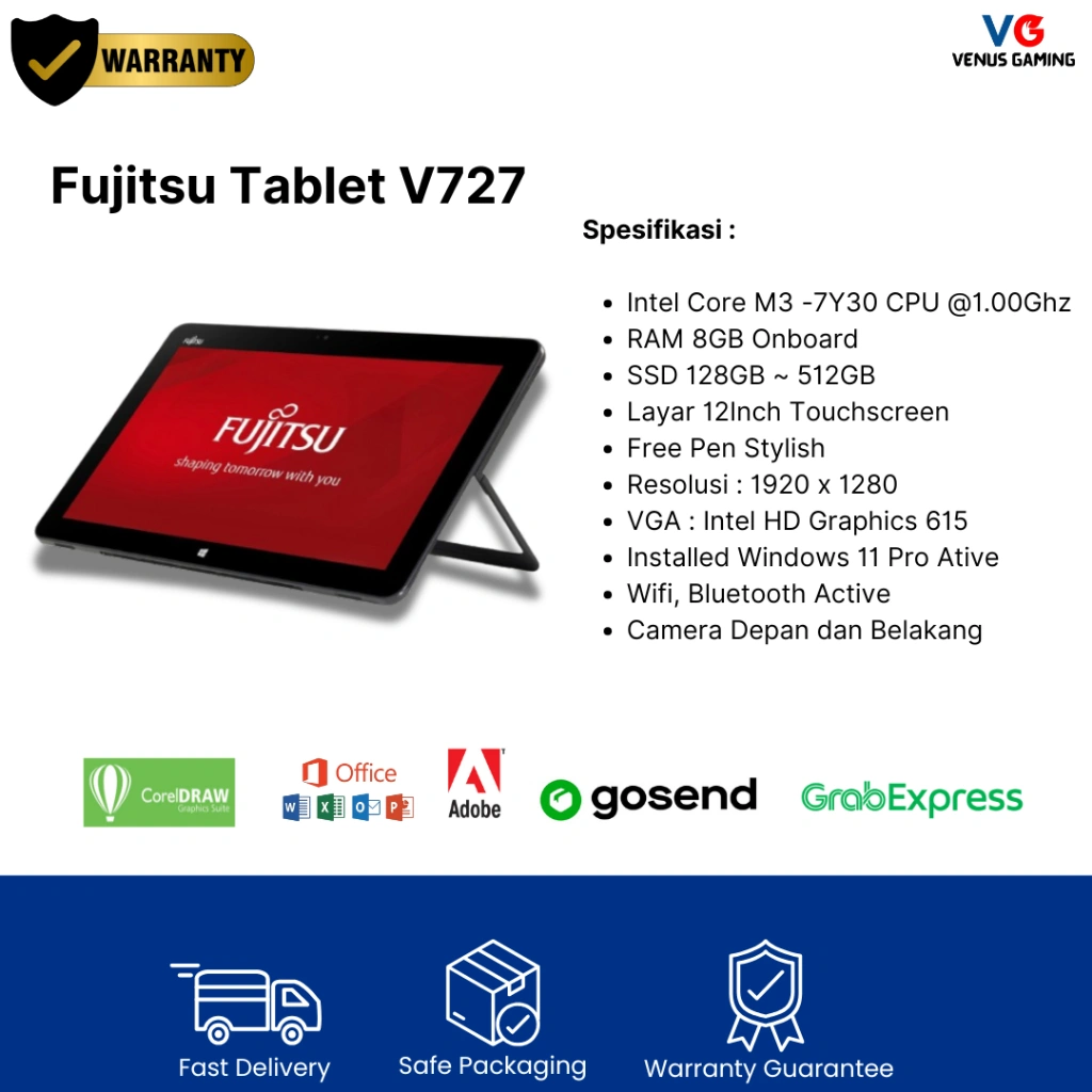 Jual Murah Tablet Second Berkualitas Fujitsu V727 Core m-3 RAM 8GB SSD 512GB Pen stylish Windows 11 Pro