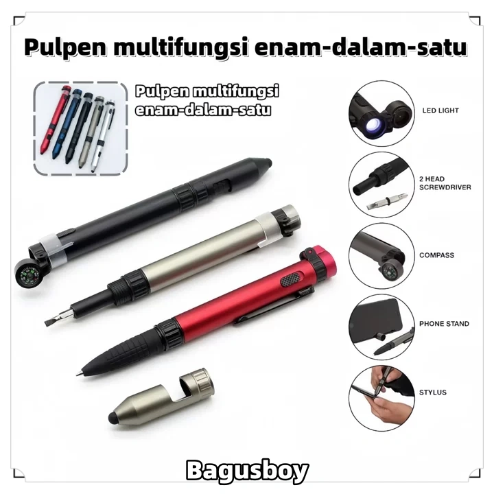 Tool Pen 6-in-1Fungsi Dalam Satu Alat Multifungsi Pulpen Alat Tulis Universal Untuk Teks Bisa Digunakan Sebagai Senter  Luar Ruangan Bisa Menulis  Obeng Kompas Dudukan Ponsel Bisa Digunakan Sebagai Stylus Ponsel Multifungsi